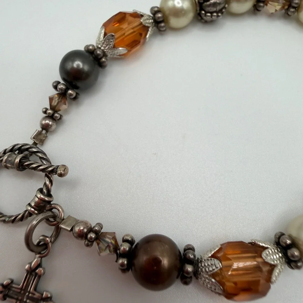 Vintage Style Beaded Cross Toggle Bracelet Cream Pearl Amber Crystal Silver Tone